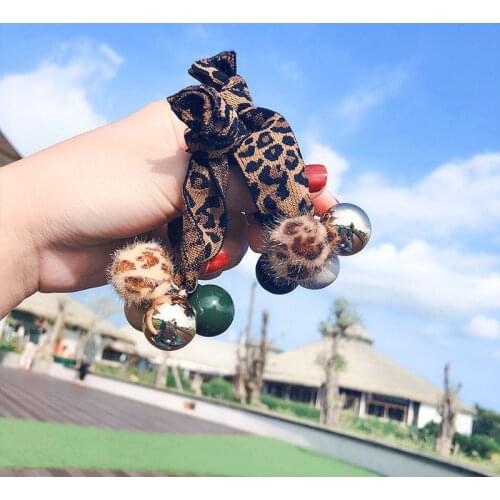 New Fashion Leopard Print Hair Rope Hair Tie Resin Balls Hair Rubber Band Girls Beads Hair Ring Women Wide Scrunchy Wholesale