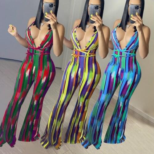 New 2021 Halter Backless Striped Jumpsuit Womens Summer Clothing 2021 African Flare Pants Suits Sexy Club Outfits