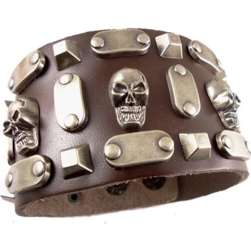 New arrival handmade high quality punk skull head skeleton rivet belt vintage genuine leather mens Bracelets jewelry bangle