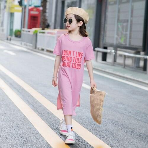 Girls Short-sleeved Dress 2021 Summer New Cool Open Back Pure Cotton Casual Dress Kids Letter Dress