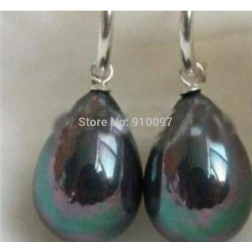 Stunning!12x16mm Black Sea Shell Pearl Earring AAA