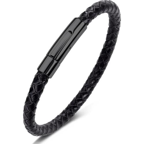 Simple Braided Genuine Leather Men Bracelet Women Hand Woven Bangles Stainless Steel Fashion Casual Wrist Band Party Gift P601