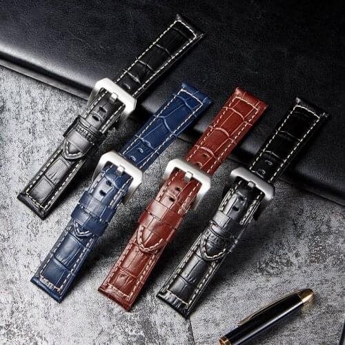 Business Embossed Genuine Leather Watchband Bamboo Pattern Male Watchbands with Big Buckle 20mm 22mm 24mm 26mm Straps