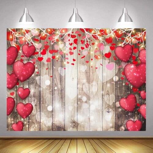 Romantic Valentines Day Red Heart Retro Wooden Backdrop Couples Party Venue Decorative Photography Studio Background