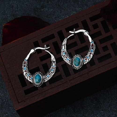 Luxury Vintage 925 Silver Inlaid Turquoise Eagle Feather Earrings Engagement Wedding Gift Jewelry Vintage Earrings