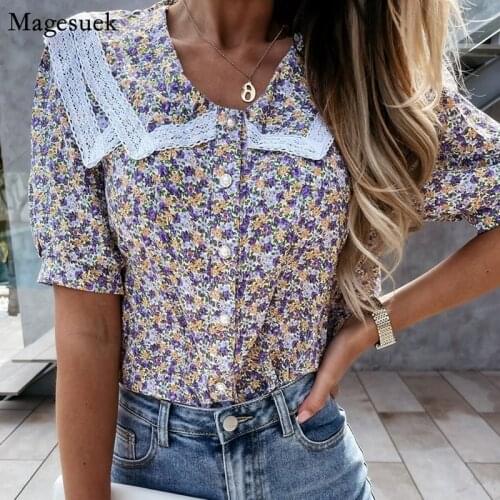2021 Summer Puff Short Sleeve Print Lace Shirt Women Single-breasted Chic Floral Blouses Women Elegant Vintage Tops Blusas 14883