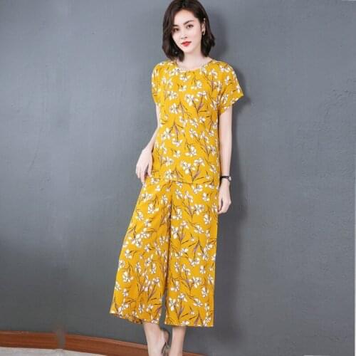 Yellow Print Women 2PCS Pajamas Sets O-Neck Cotton Pyjamas Suit Short Sleeve T-Shirt&Wide Leg Home Pants Summer Mother Nightwear