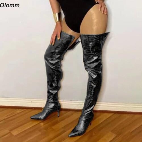 Olomm Handmade Women Thigh High Boots Slim Heel Boots Pointed Toe Super Sexy Gold Black Silver Night Club Shoes US Size 5-15