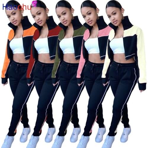 HAOOHU Patchwork Womens Set Zipper Sweater crop jacket Legging Pants Set Sporty Tracksuit Fitness Two Piece Set Outfits