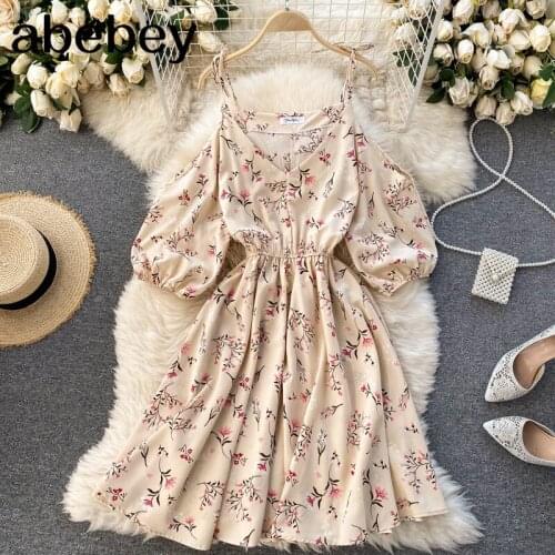 Flower Print Dress Women Beige V Neck Spaghetti Strap Party Dress Off Shoulder Slim Waist Summer Beach Dress Sundress
