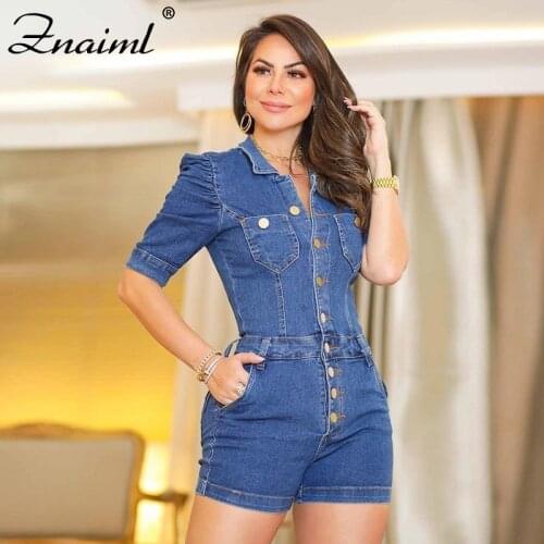 Znaiml Summer Fashion Blue Denim Jumpsuit For Women Slim Short Sleeved Single Breasted Pocket skinny Denim Playsuit Female 2020