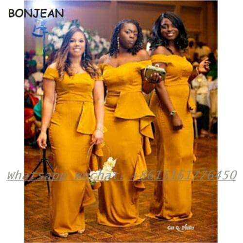 Gold Bridesmaid Dresses Mermaid 2021 Off-The-Shoulder Elastic Satin African Bridesmaid Dress Plus Size for Women Wedding