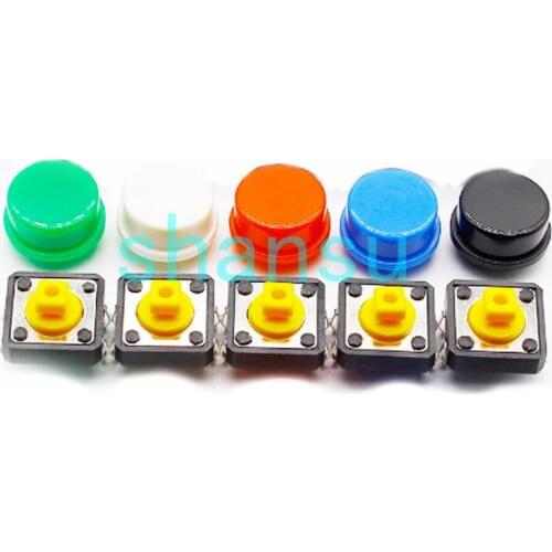 20PCS Tactile Push Button Switch Momentary 12*12*7.3MM Micro switch button + (20PCS 5 colors Tact Cap) 12X12X7.3MM yellows