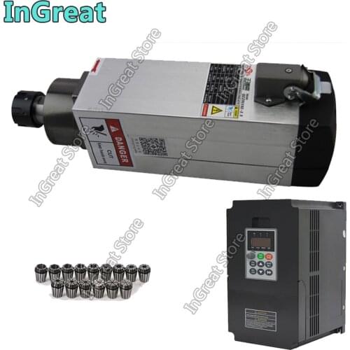 3PH 380V 3.5KW ER25 Square AC Spindle Motor Fan Air Cooled & 4KW VFD Inverter 15pcs Collets Spring Set for CNC Router Engraving
