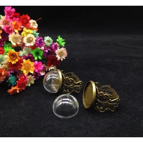 50sets/lot 16/18mm half ball glass globe dome with bronze plated small lace ring set glass bottle ring handmade jewelry supplies