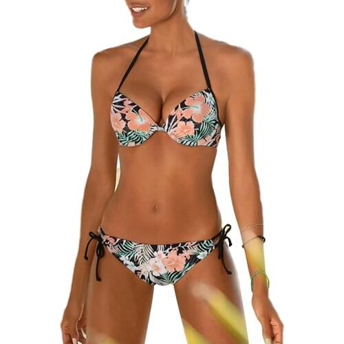 Women Floral Printed Bikinis Biquini Bathing Suit Summer Lace-up Halter Top Low Waist Thong Swimming Suit For Women Set Bikini