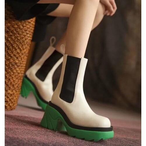New Fashion Women Ankle Boots Mixed Color Bottom Boots Platform Slip on Ladies Shoes Retro Casual Females Rain Boots Combat Boot