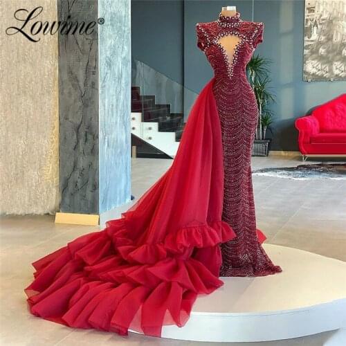 Lowime Heavy Beaded Formal Evening Dresses With Detachable Skirt 2021 Plus Size Dubai Arabic Party Dress Mermaid Long Prom Dress