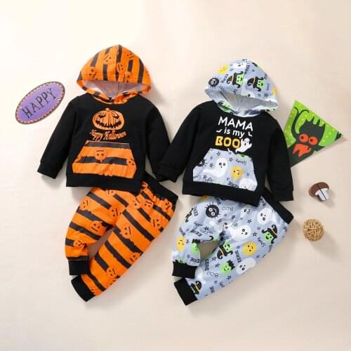 Toddler Kids Boys Girls Halloween Two-piece Clothes Set Long Sleeve Pumpkin Print Pocket Hooded Pullover and Trousers Outfit