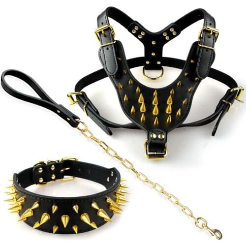 Leather Large Dog Pet Pitbull Gold Spikes Silver Studded Harness Collar Leash Set for Large Dogs Boxer Bull Terrier