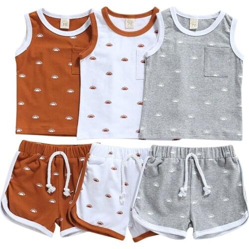 2Pcs Toddler Summer Outfit, Sun Print O-Neck Tank Tops +Drawstring Elastic Waist Shorts for Baby Girls, Boys, 0-24 Months