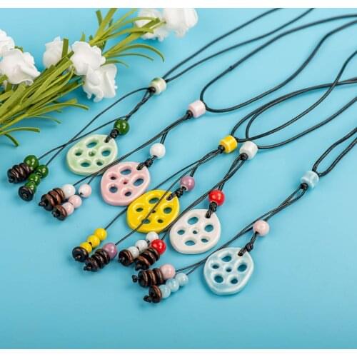 Lotus Colorful Retro Irregular shape Ceramic Beads Gift Neckalce artware Antique wholesale Necklaces & Pendants For women #XN005