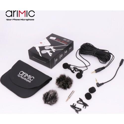 AriMic Dual Heads Microphone 6M Clip-on Omnidirectional Condenser Lavalier Mic with Adapter Cable for Smart Phone DSLR Camera PC