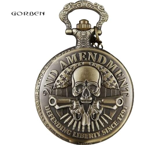 Fashion DEFENDING LIBERTY SINCE 1791 2nd AMENDMENT MILITARY Gun Skull Quartz Necklace Mens Women Pocket Watch Gifts