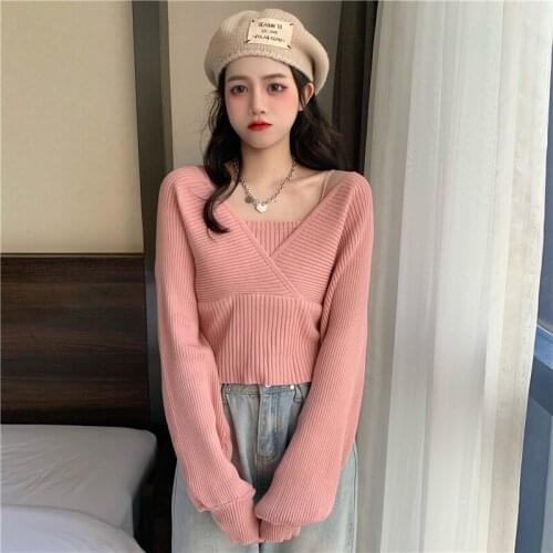 Fashion Slim Slimming Short Tank Top Solid Knitted Sweater Square Neck Casual Fake Two-Piece Thin Camisole Crop Top