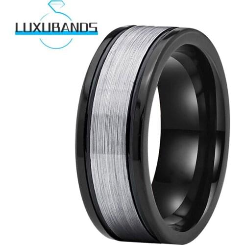 8MM Black Tungsten Carbide Rings For Men Wemen Flat Offset Grooved Center Brushed Polished Finished Comfort Fit