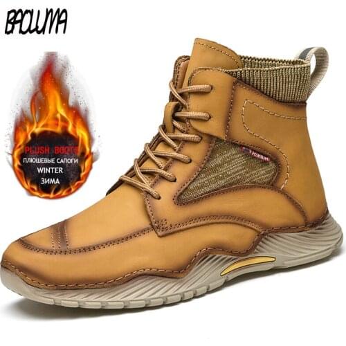 Brand Mens Snow Boots Winter Plush Warm Platform Mens Motorcycle Boots Leather Male Snow Boots Autumn Man Work Shoes Hot Sale
