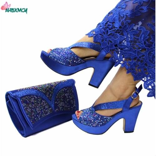 Latest Sexy Women High Quality Italian Ladies Shoes and Bag Set in Royal Blue Color with Shinning Crystal for Wedding