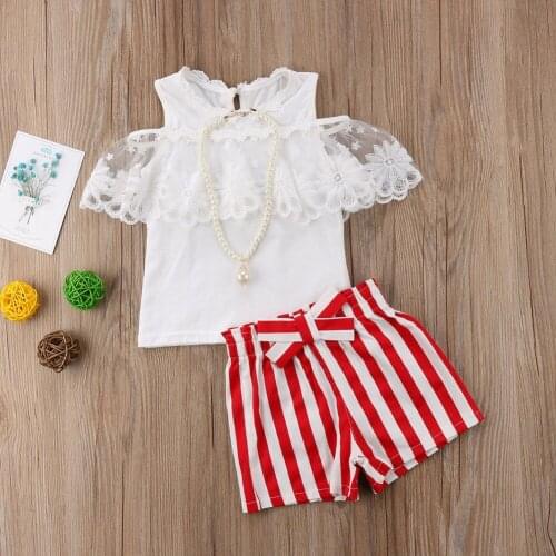 2019 New Toddler Kids Baby Girl Lace White Vest Tops T shirt+ Short Striped Pants Outfit Set sweet and cute Princess Clothes