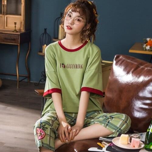 New Arrivals Women Home Wear Clothes Summer Short Sleeve Women Pajamas Set Pant Pyjamas Sets Full Cotton Leisure Sleepwear Set