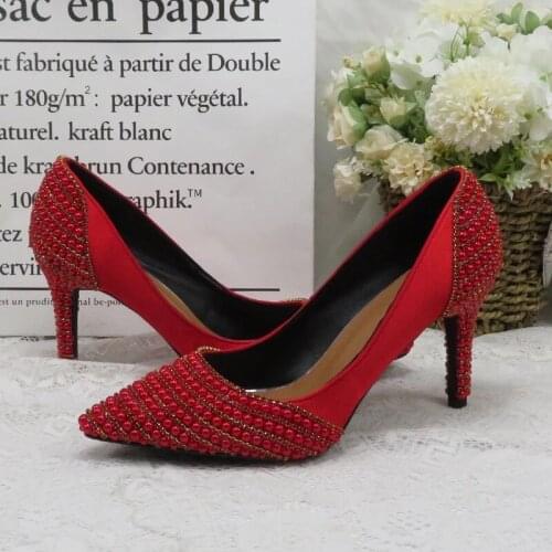2021 New Red Pearl Bridal Wedding Shoes Women Thin Heels Ladies Banquet Dress Shoes Female Party Pointed Toe Pumps High Heels