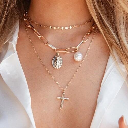 2020 Fashion Gold Virgin Mary Portrait Necklaces For Women Vintage New Female Cross Faux Pearl Pendant Necklace Jewelry Gift