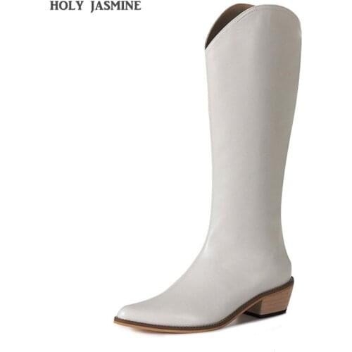 Black Brown White Knee High Boots Western Cowboy Boots for Women Long Winter Boots Pointed Toe Cowgirl Wedges Motorcycle Boots