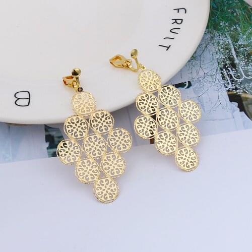 Vintage Long Geometric Rhombus Gold Clip on Earrings for Women Simple Earring Without Piercing for Girls Kid Party Jewelry Gift