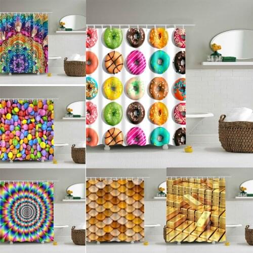 Cartoon Donuts Waterproof Shower Curtain Colorful Stripes Bathroom Curtain Polyester Fabric Bath Curtain For Home Decor 12 Hooks
