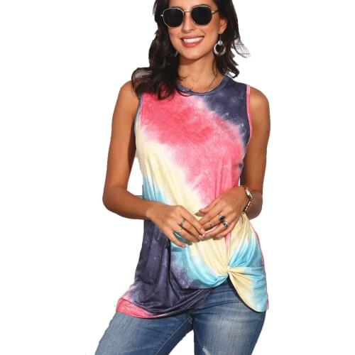 Womens Red Yellow Blue Gradient Color Print Sleeveless Vest T-shirt Top Girl Fashion Shirts