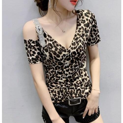 2020 hot-sale Hot drill T Shirt Summer Sexy Off Shoulder Leopard T Shirt Short Sleeve V Neck Tshirts for Women