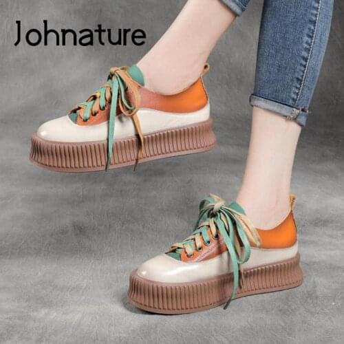Johnature Genuine Leather Mixed Colors Shoes Women Sneakers Lace-Up 2021 New Autumn Comfortable Concise Leisure Platform Sneaker