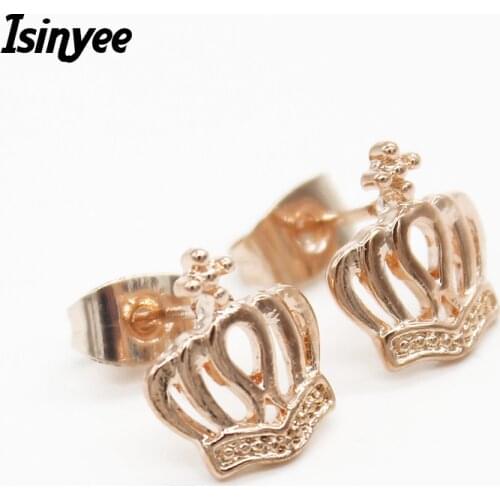 ISINYEE Cute Small Crown Cross Stud Earrings For Women Girls Rose Gold Earrings Pendientes Stainless Steel Earrings