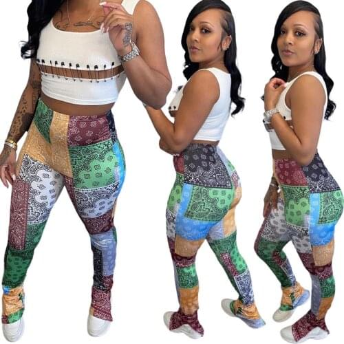 Womens Casual Patchwork Color Block Tight Pants Streetwear Paisley Printed Split Hem Elegant Long Pants Bodycon Pencil Pants