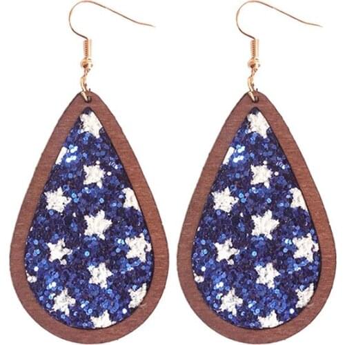Teardrop Stars and Stripes Glitter Leather Wood Dangle Drop Earrings for Women