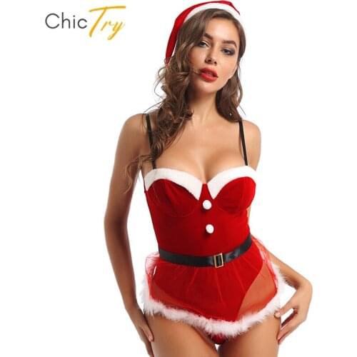 Womens Red Christmas Party Lingerie Suit Bodysuit Outfits Adjustable Spaghetti Straps Velvet Mrs Santa Claus Role Play Costumes