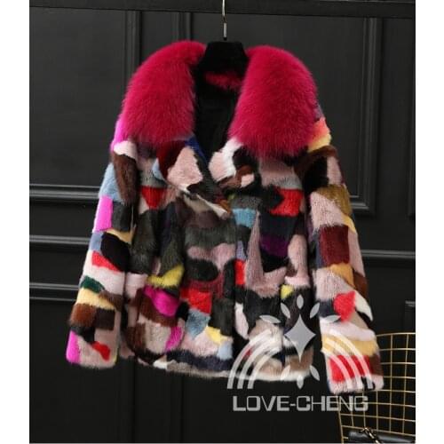 Womens Fashion New Natural real genuine Mink Fur coat with fox fur collar multi-color colorfull jacket English collar