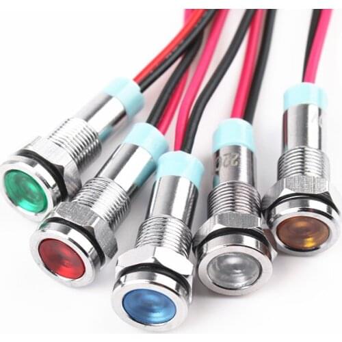 10pcs 8mm Flat head LED Metal Indicator light 8mm waterproof Signal lamp 6V 12V 24V 220v with wire red yellow blue green white