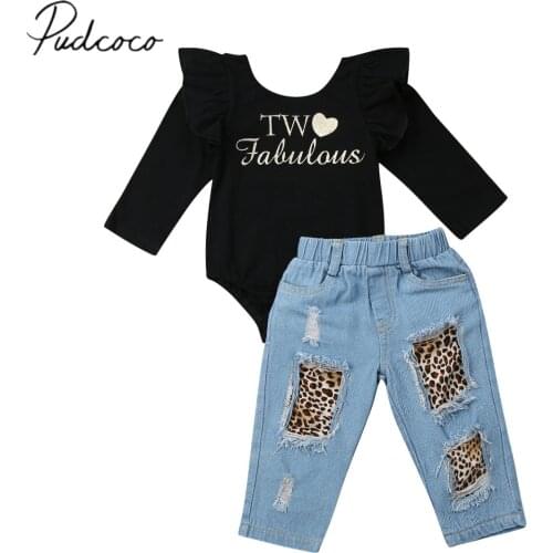 2019 Baby Spring Autumn Clothing 2PCS Kids Baby Girl Ruffle Long Sleeve Romper+Ripped Denim Leopard Pants Winter Outfits 1-6T