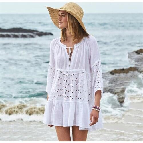 White Topic Female Lace-up knot Beachwear Swimwear Bikini Wear Cover Up Pleated 3/4 sleeve Mini Dress Separate Swimsuit 2020